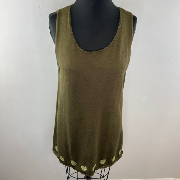 Tera Bora Green Wool Blend Embroidered Hem Scoop Neck Sleeveless Tunic Top 3 L - Picture 2 of 9